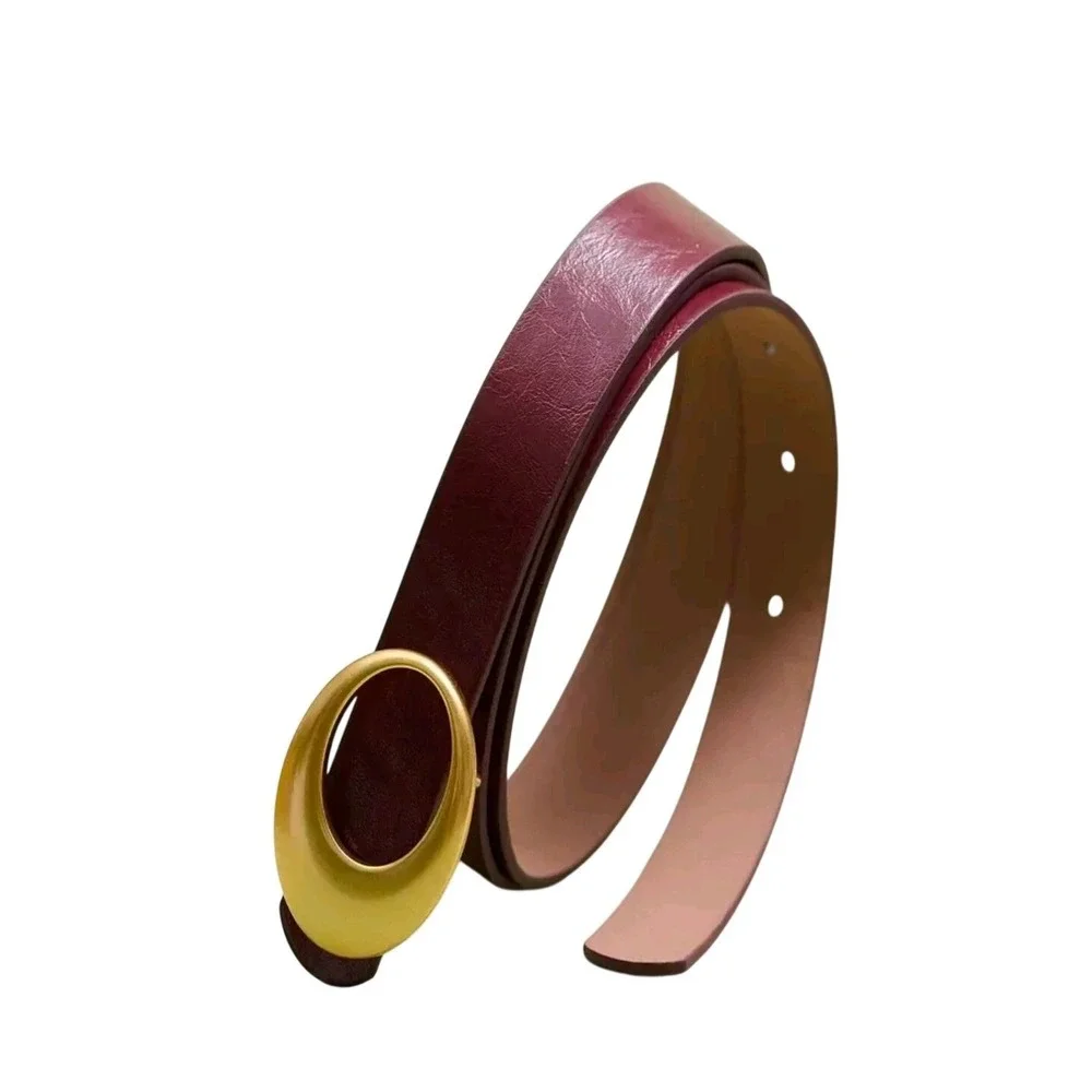 Women Burgundy faux Leather Belt‎ Gold Oval Buckle Fashion Accessory